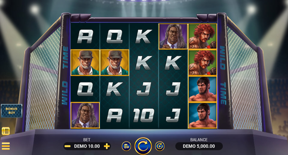 The Belt of Champion Bonus Buy slot grid inside an octagon cage showing active card ranks and fighter symbols to help players track winning formations.