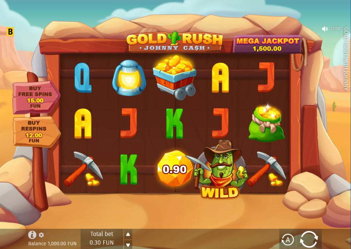 Base game grid of Gold Rush with Johnny Cash slot displaying the five-by-three reel setup and active western symbols for baseline calculations.