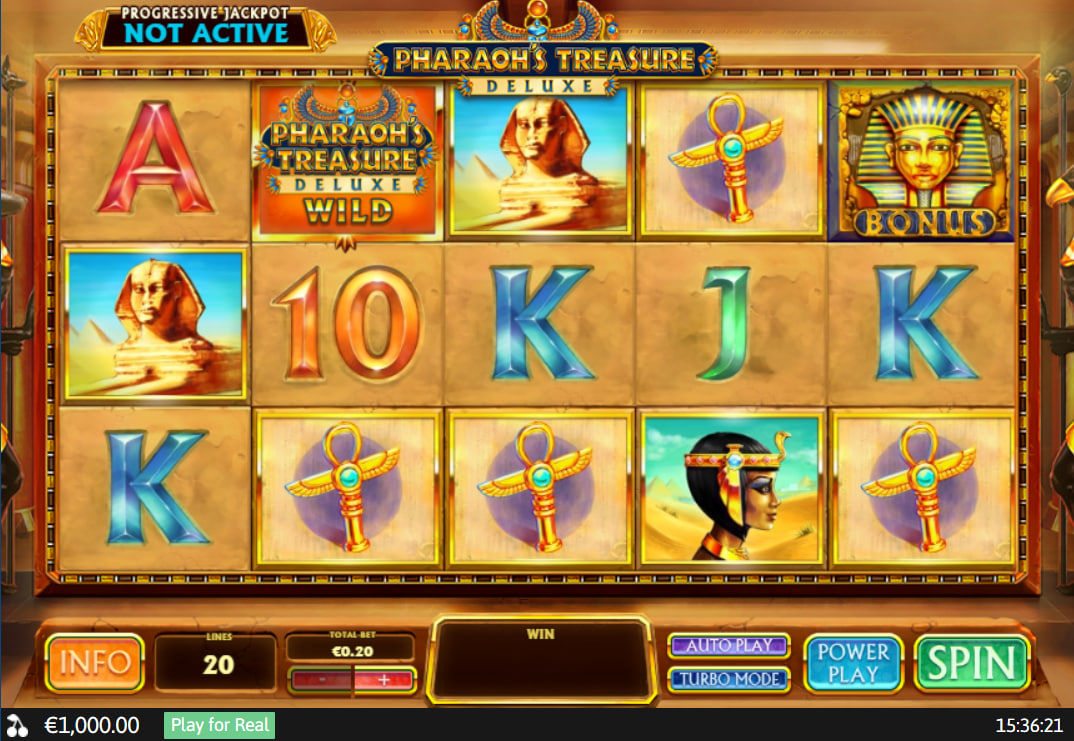Pharaoh's Treasure Deluxe 5x3 reel set with Egyptian symbols and a wild on the reels to show potential winning combinations.