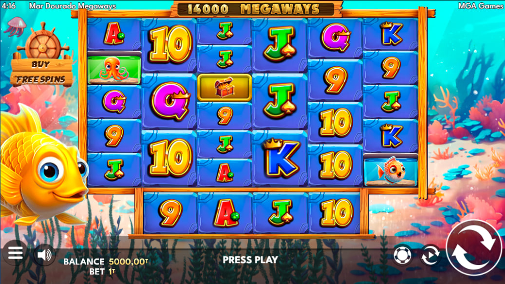 Mar Dourado Megaways main slot interface showing 14000 active ways to win with underwater symbol combinations to help players assess the base grid layout.