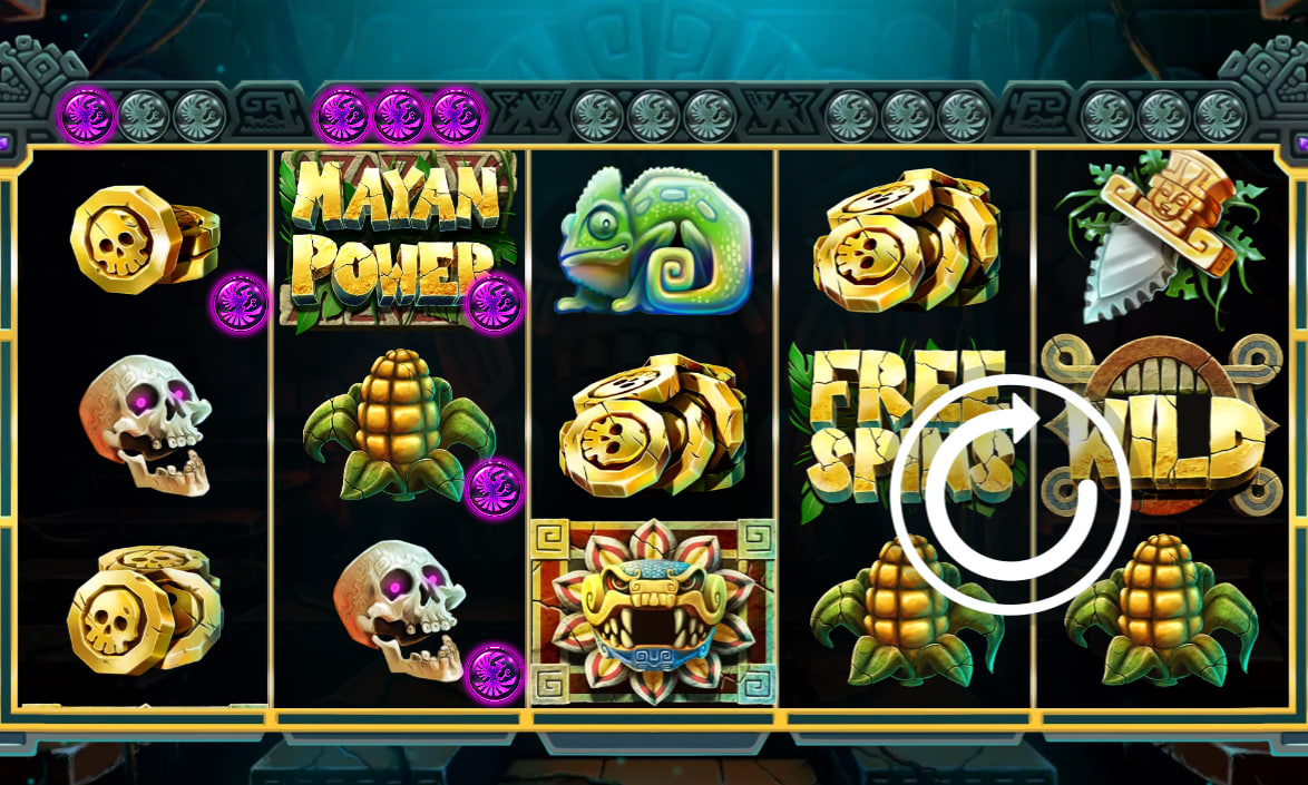Mayan Power slot base game matrix on a five by three grid displaying current credit balance and progression indicator bulbs above columns.