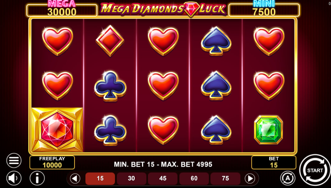 Main 5x3 slot grid layout of Mega Diamonds Luck showing playing card suit icons to give players an instant look at the baseline reel graphics.