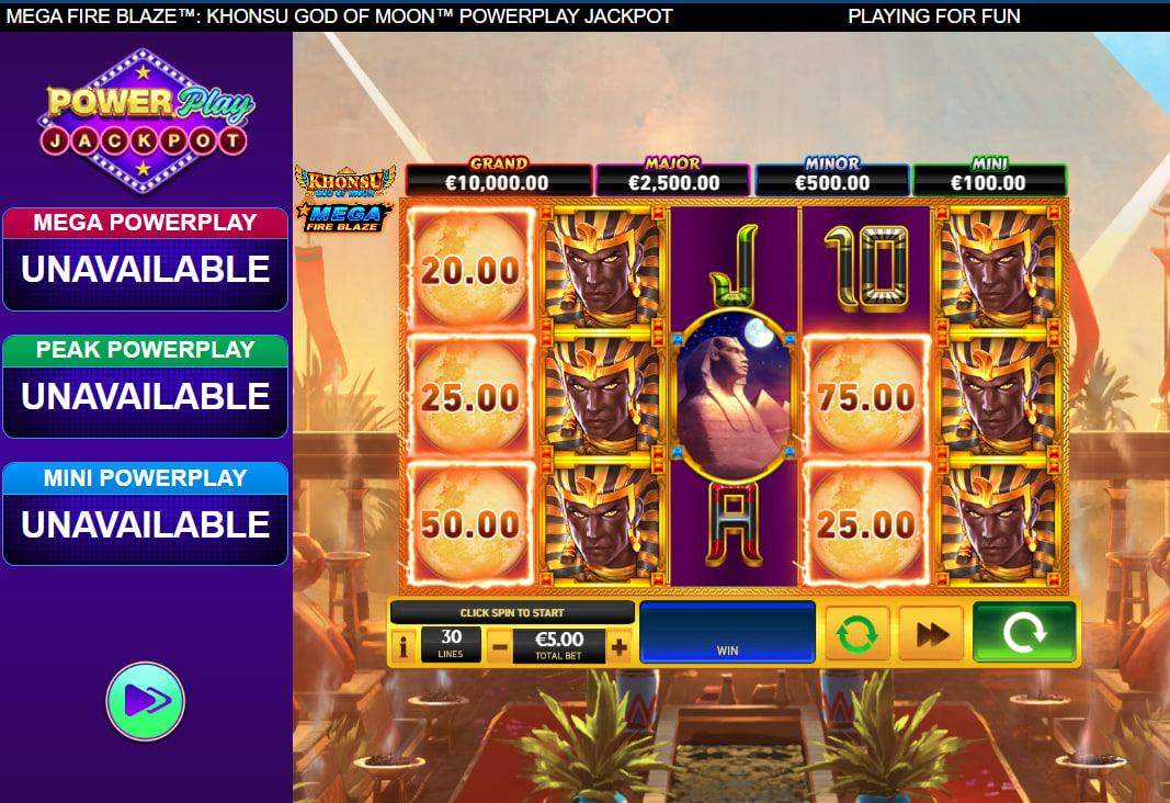 Main game screen of Khonsu God of Moon slot showing the 5x3 grid and jackpot values, providing the starting point for player bankroll management.