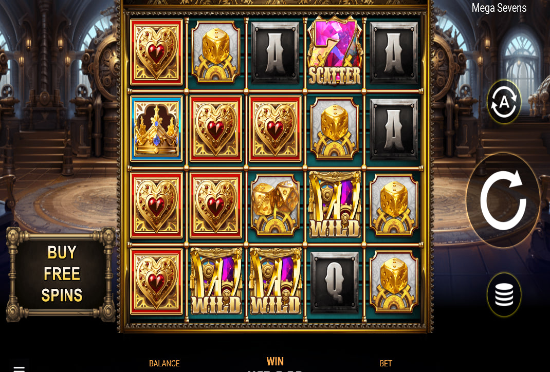 Mega Sevens slot base game 5x4 grid with wild and scatter symbols showing the mechanical clockwork design for player orientation.