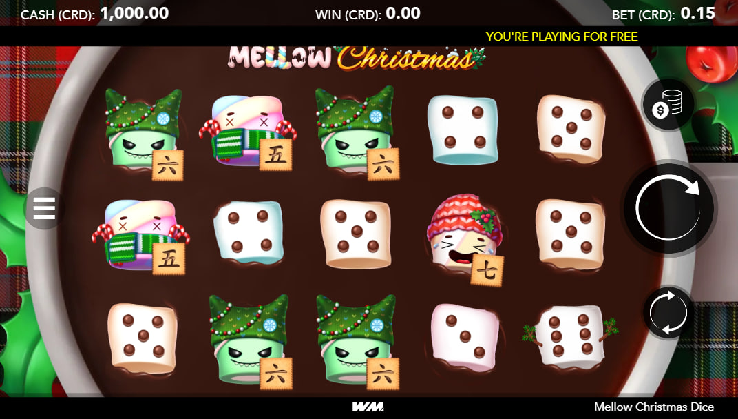 The main 5x3 symbol grid of Mellow Christmas Dice slot machine showing character marshmallow blocks to help players visualize basic reel alignment.
