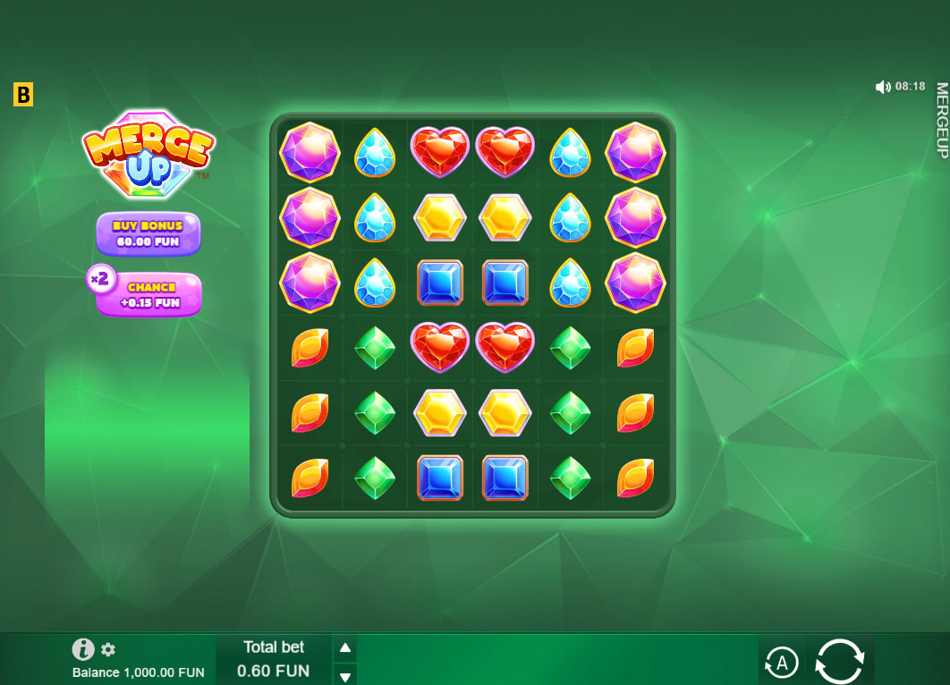 A 6x6 gemstone slot grid display in the Merge Up base game showing different tiers of colorful crystal icons and betting configurations.