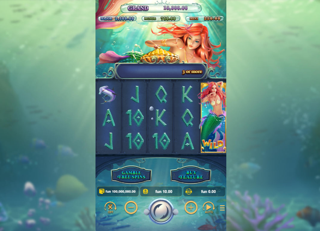 Mermaid’s Treasure slot main 5x3 grid showing aquatic symbols and four fixed jackpot values at the top for player reference.