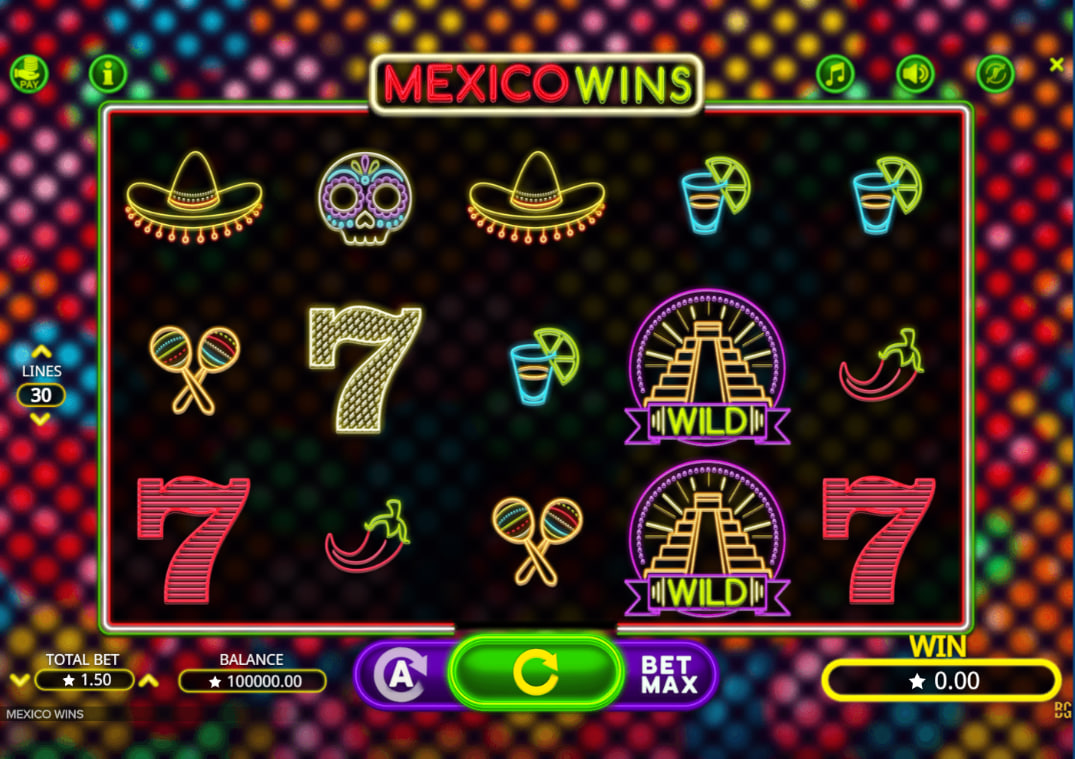 Neon Mexico Wins game board showing a 5x3 grid with sugar skull and sombrero symbols on 30 active paylines.