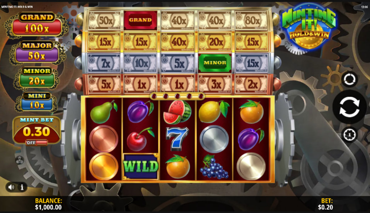 Main slot grid of Minting It Hold and Win showing fruit symbols and the four tiered money reels layout for tracking active cash values.