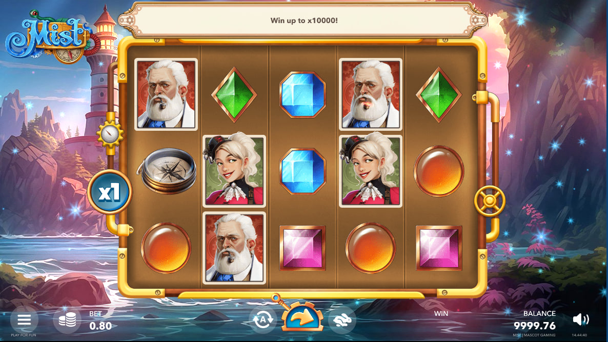 The welcome screen of Mist slot showing promotional tiles for wild reels, a 27x win multiplier, and the card gamble feature to help players study bonuses.