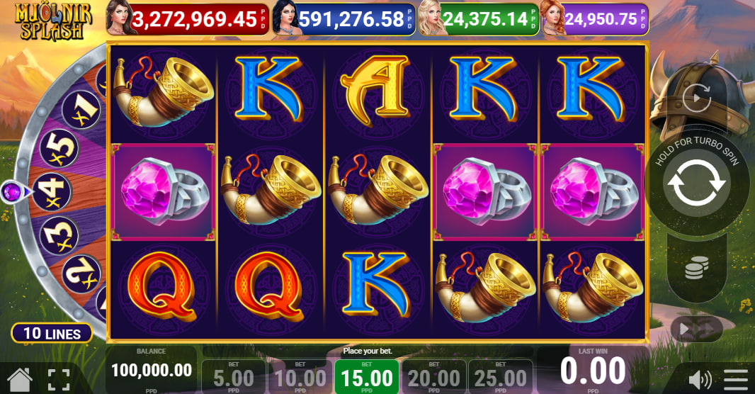 Premium symbol payouts in Mjölnir Splash slot showcasing line wins for the pink ring and drinking horn icons.