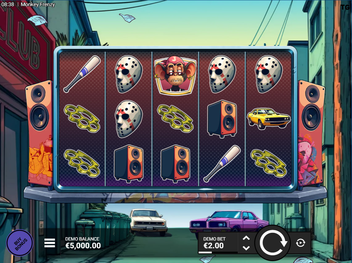 Monkey Frenzy slot base game grid showcasing the five-by-three layout with masked thugs and brass knuckles symbols for players to assess the visual theme.