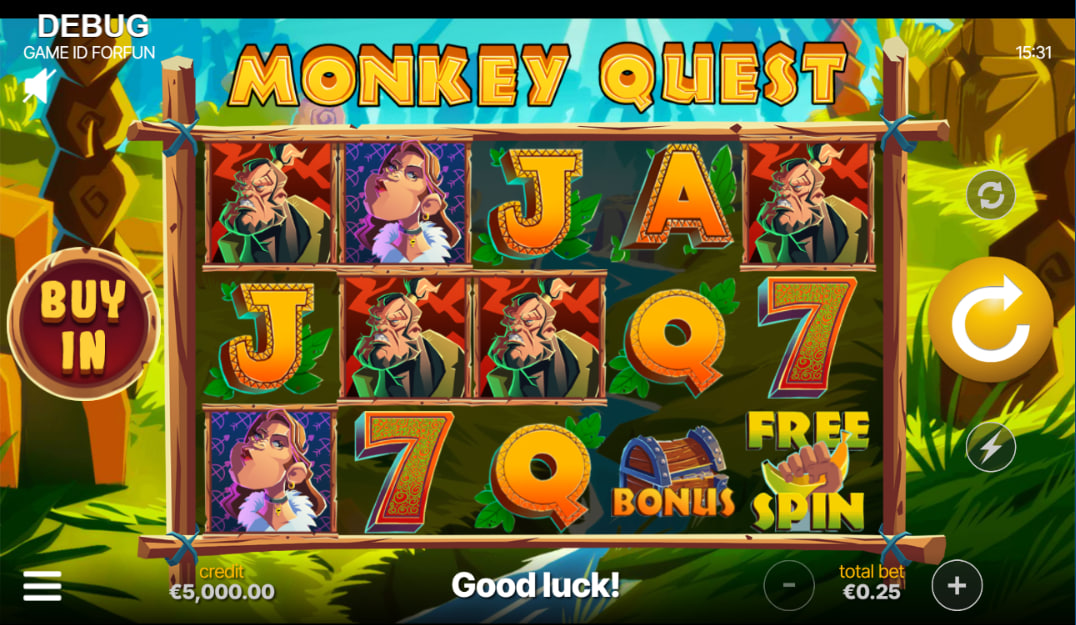 Main gameplay interface of Monkey Quest slot featuring Jared and Charlize symbols on a 5x3 wooden reel frame set in a jungle.