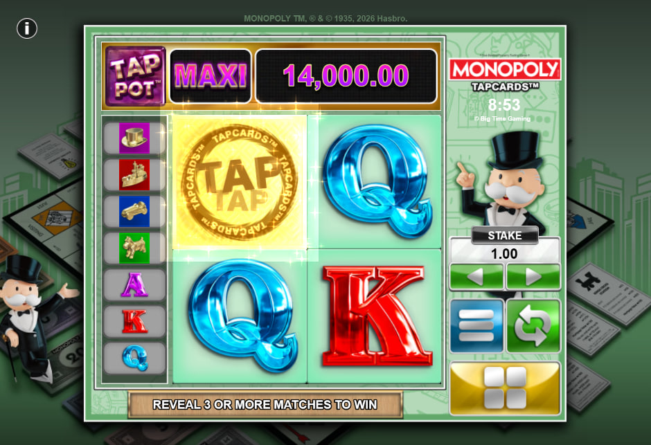Monopoly TapCards title screen showing the official Hasbro branding and main menu options for instant win gameplay sessions.