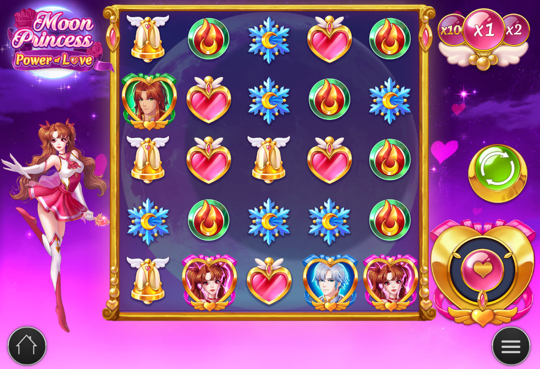 Moon Princess Power of Love 5x5 slot grid with anime characters and heart symbols showing the base game layout for player orientation.