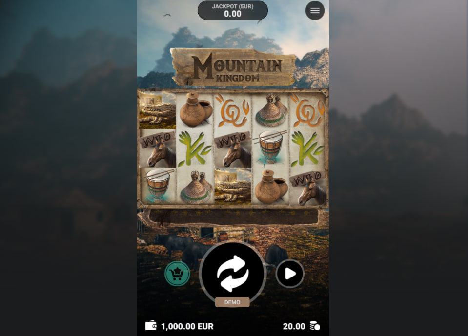 Main 5x3 reel configuration of Mountain Kingdom slot showing tribal drums and wild horse symbols during a base game round to track visual alignments.