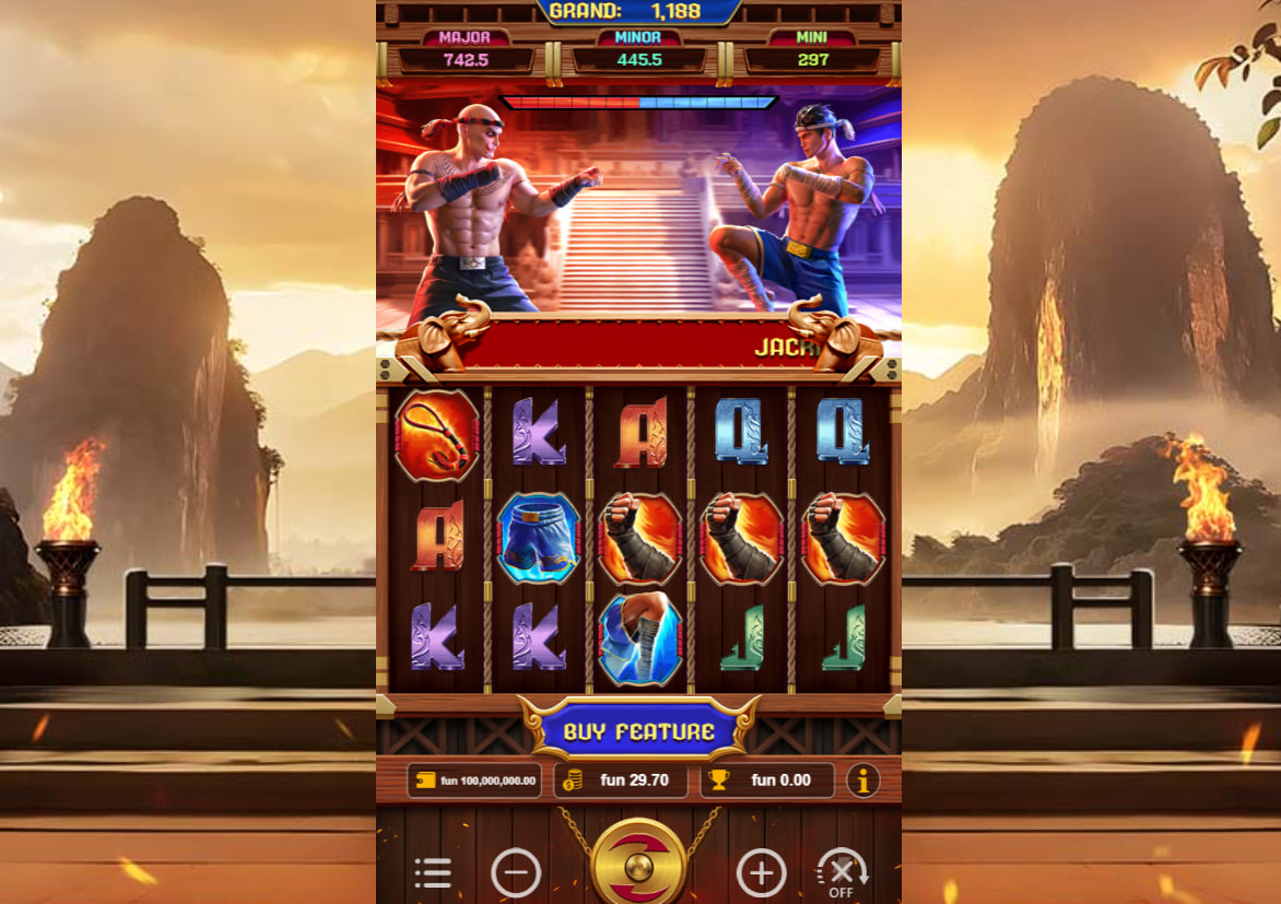 Main screen of Muay Thai Arena slot showcasing the four fixed jackpot values above the five-by-three reel grid layout.
