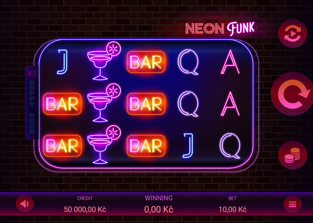 Neon Funk slot main interface showing a five-by-three neon grid with active card royals and bar symbols over a dark brick background.