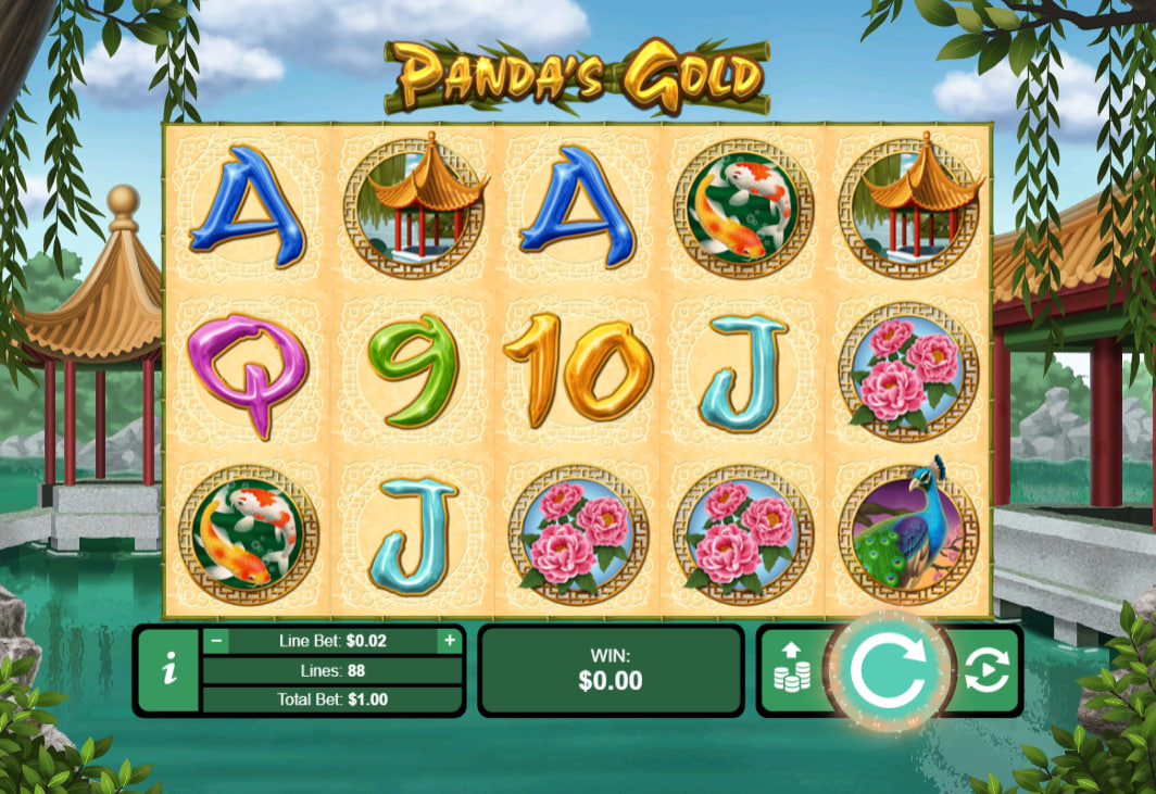 Main 5x3 reel grid of Panda's Gold slot showing standard symbols, the 88 lines configuration, and the betting panel interface.