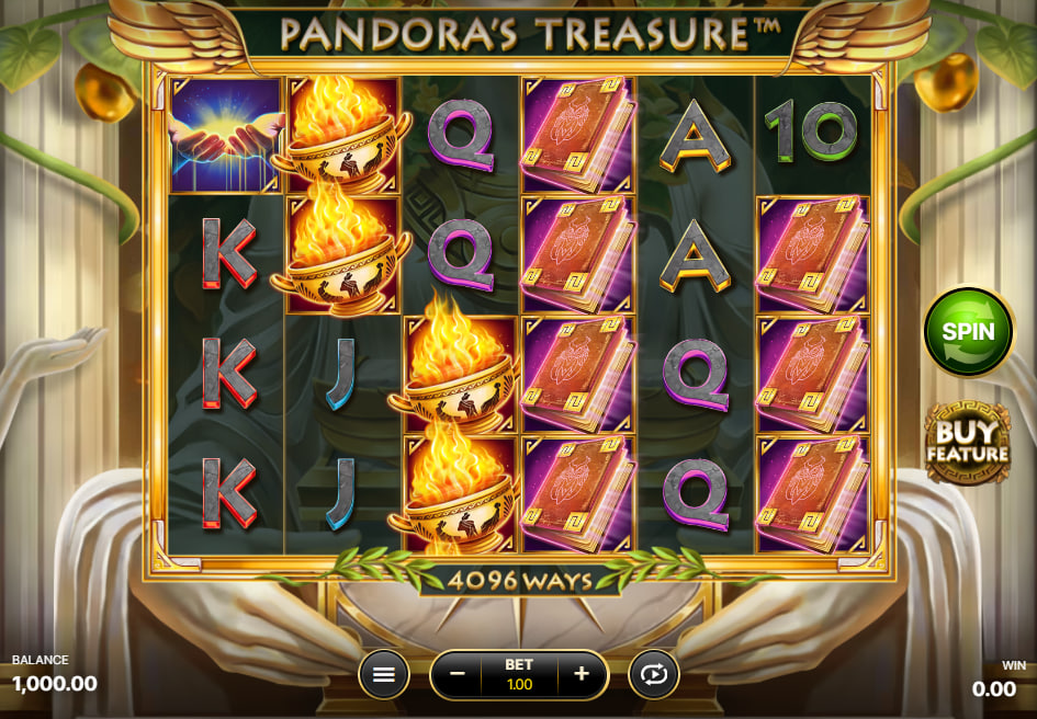 Full 6x4 reel layout of Pandora's Treasure slot during a base spin showcasing the ancient Greek stone symbol configurations for player evaluation.