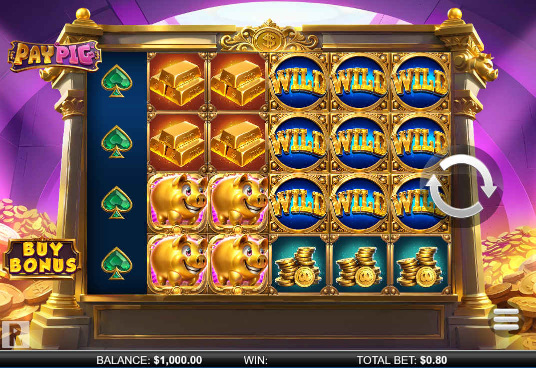 Pay Pig slot main user interface displaying the 6x4 reel setup gold coin piles and bottom navigation meters before starting a spin session