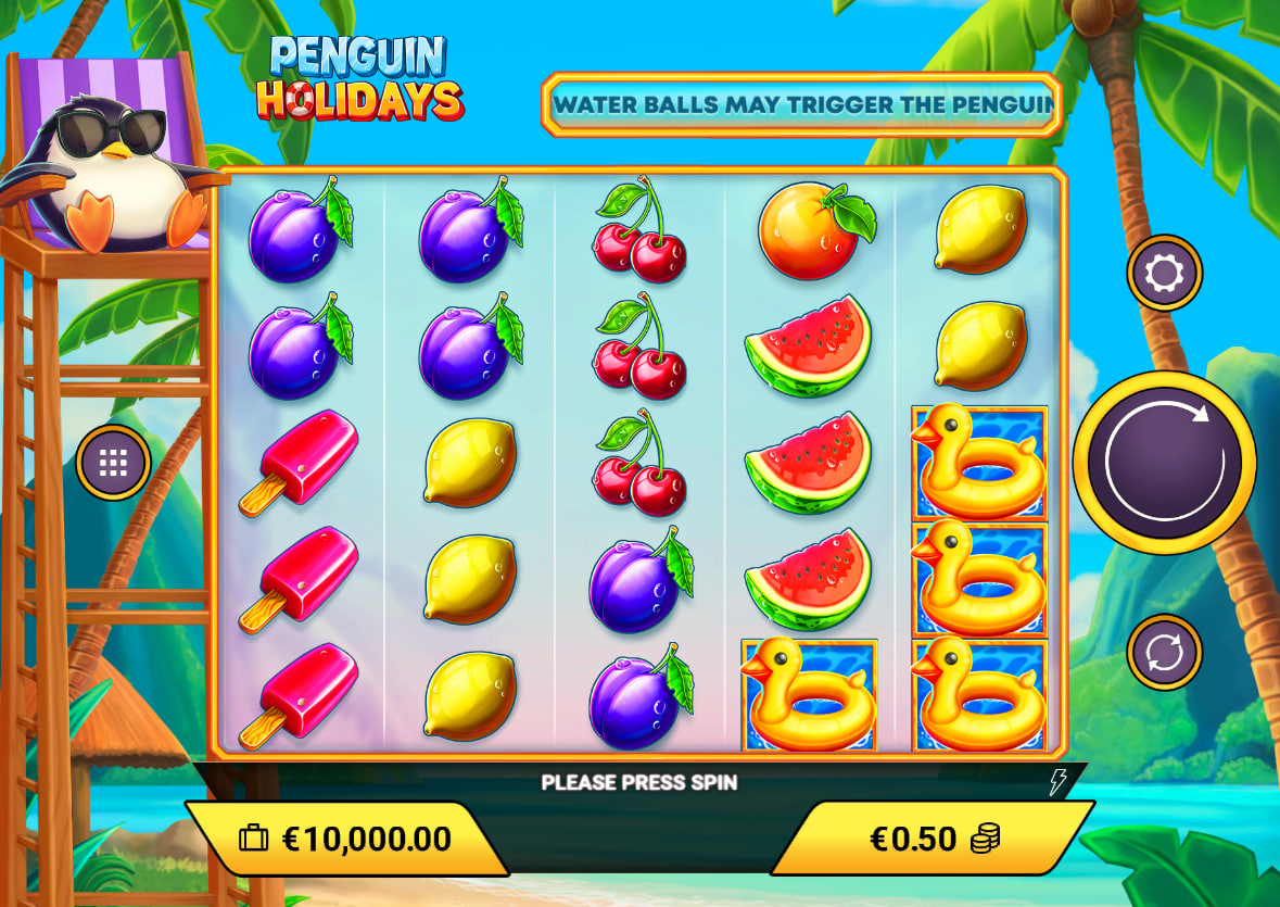 Penguin Holidays slot 5x5 grid overview on a beach background showing the main interface and the sleeping penguin mascot.
