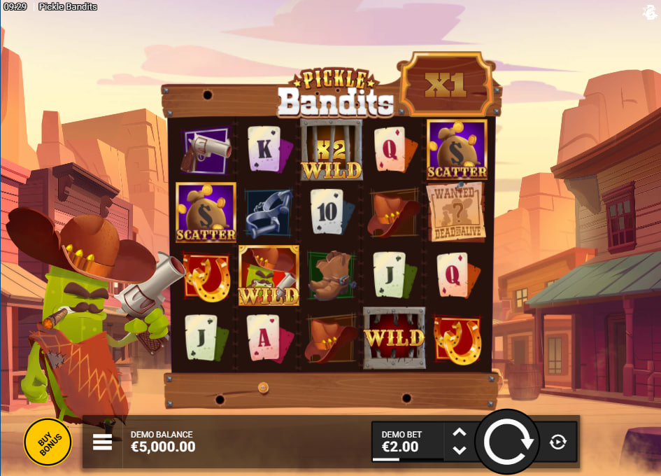 The main five by four reel grid of Pickle Bandits slot showing a winning line execution with high paying Sheriff symbols for player reference.