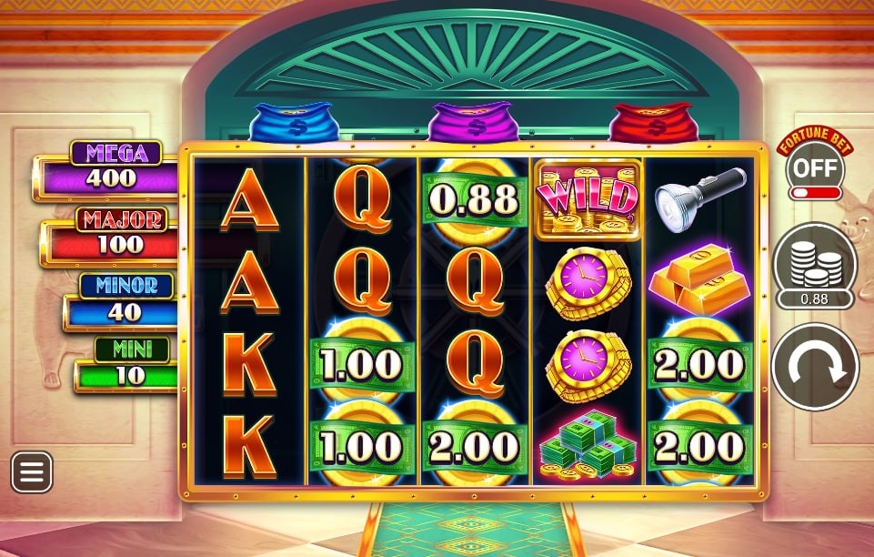 The main 5x4 gameplay grid of Piggy Bandits slot displaying active symbols and fixed jackpot values on the left side for baseline session planning.