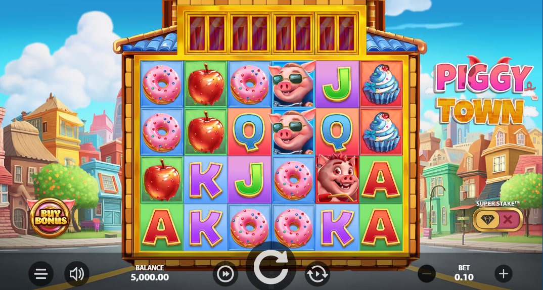 Full 6-reel layout of Piggy Town slot showing the urban cartoon background and the locked top wild row which is critical for multipliers.