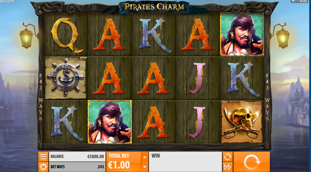 High-value Captain Pirate symbol on the wooden reels of Pirates Charm slot, showcasing the detailed maritime theme and 243-way payout structure.