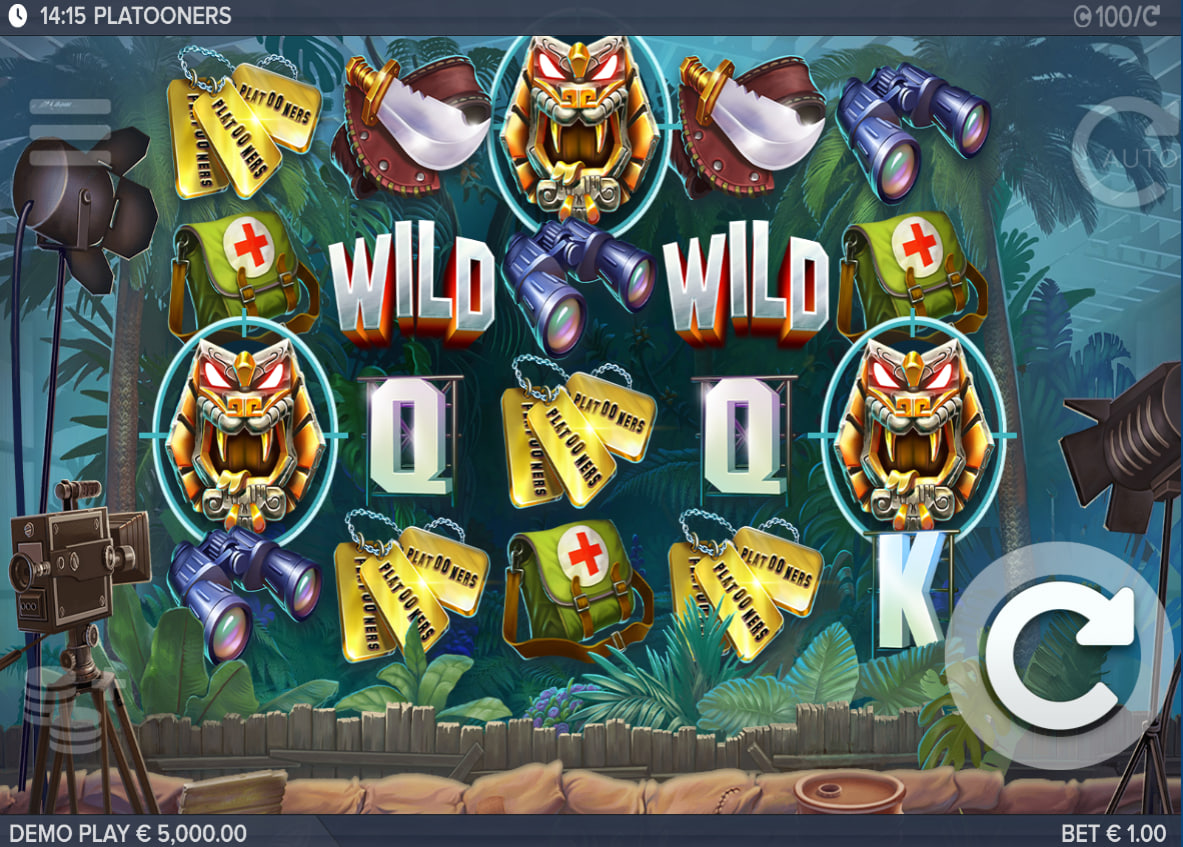 Full 5x4 layout grid of Platooners slot showing combat gear and card values in a dense jungle backdrop to illustrate standard gameplay setup.