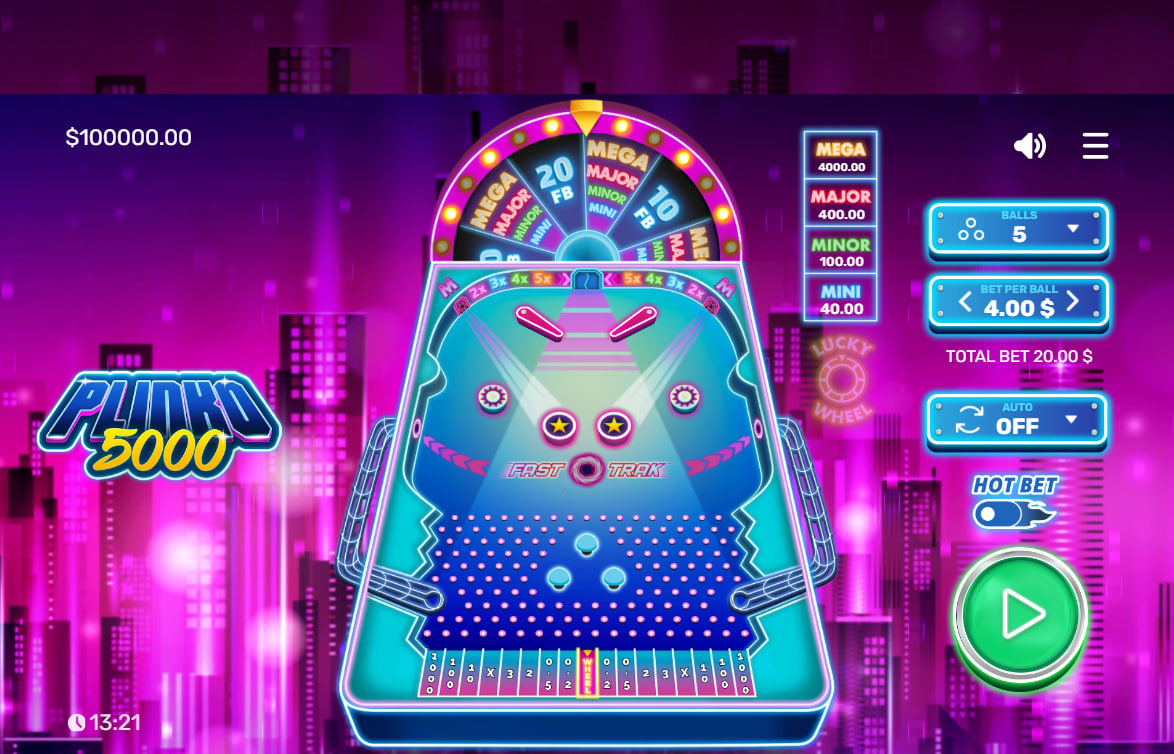 Plinko 5000 main game board interface showing the neon peg pyramid layout against a purple cityscape background for player coordination.