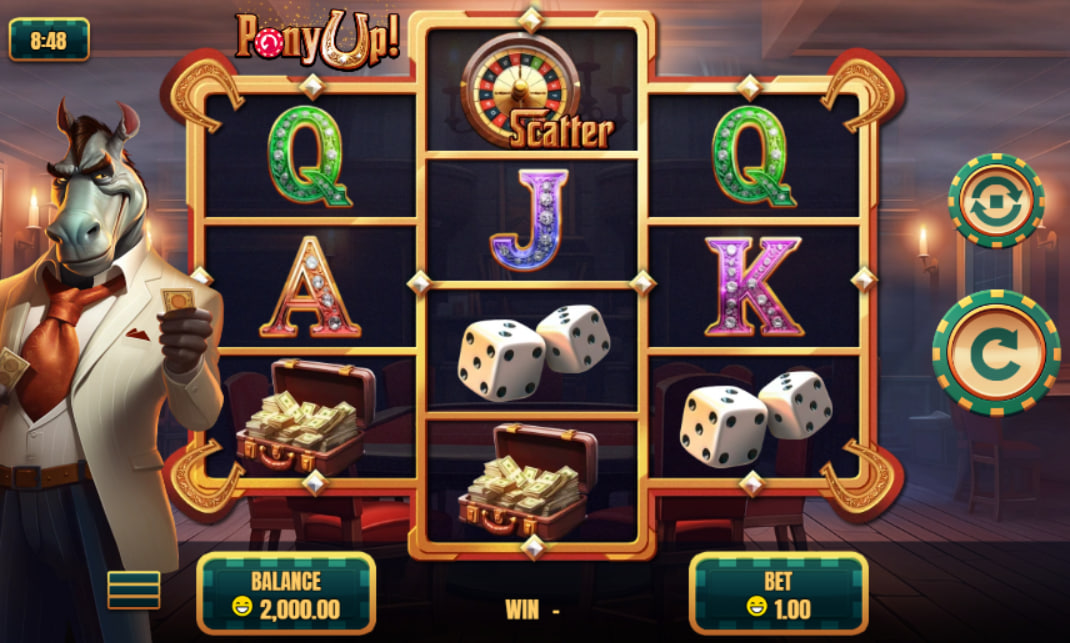 Main gameplay interface of Pony Up slot showing symbols like dice and cash briefcases alongside the horse character which tracks current bets.