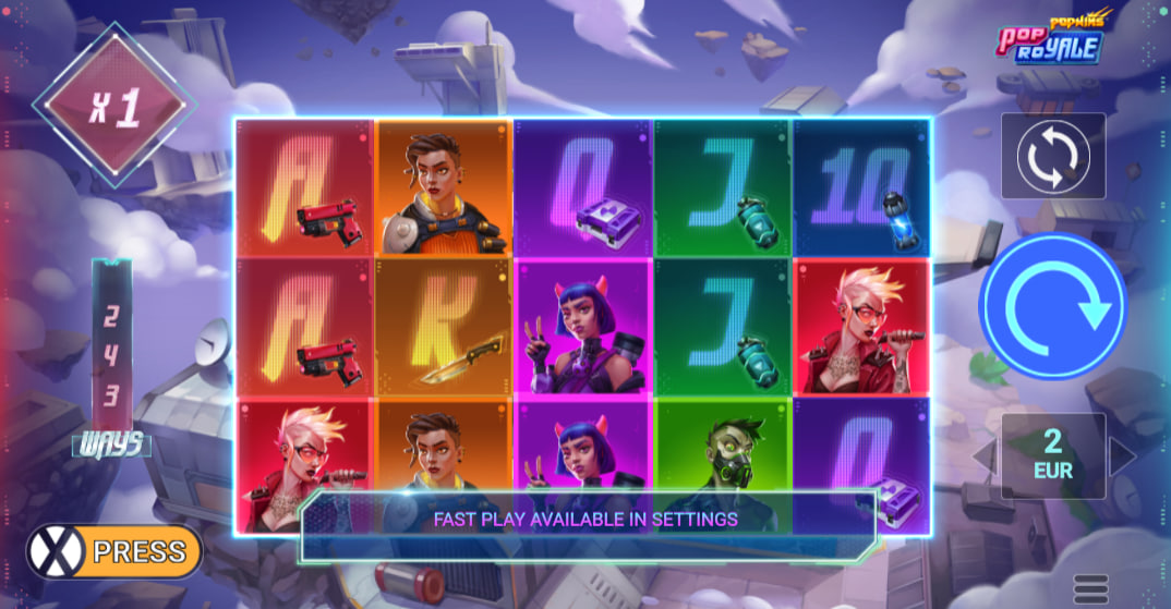 POP Royale slot base game interface showing a 5-reel grid with cyberpunk character symbols and a 243 ways to win counter.