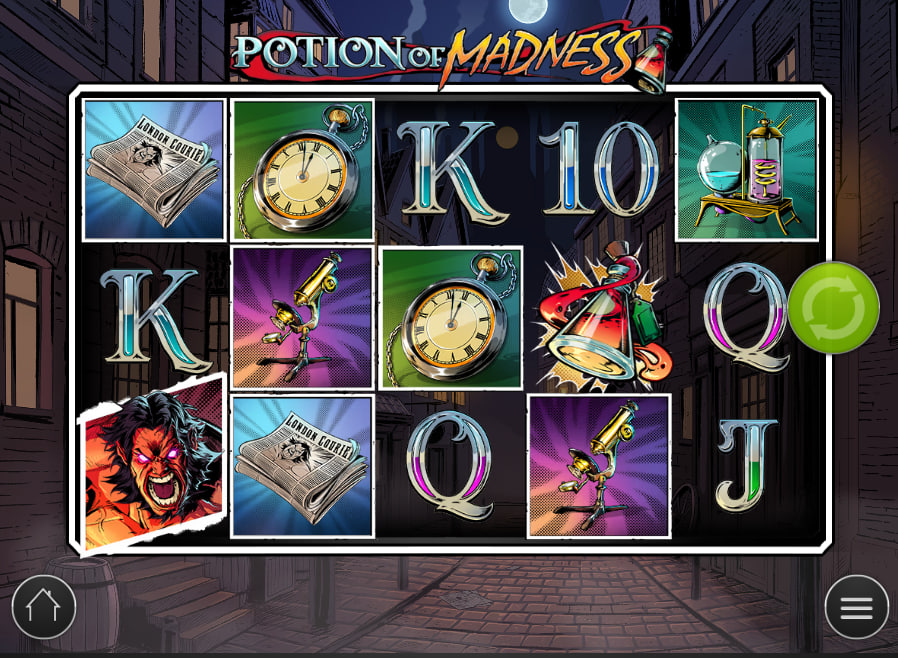 Potion of Madness slot base game 5x3 layout displaying Victorian lab theme symbols and lower control panel settings for player bankroll tracking.