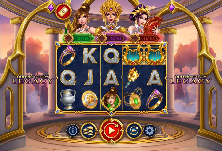 Full 5x3 reel grid of Queens of Glory Legacy slot showing three top gem progression meters and control layout for player session tracking.