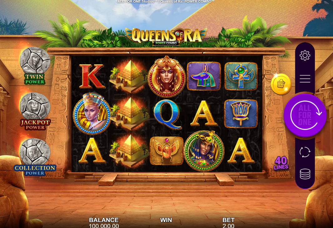 Main 5x3 grid of Queens of Ra Power Combo slot showing Egyptian symbols and 40 payline layout for identifying base game structure.