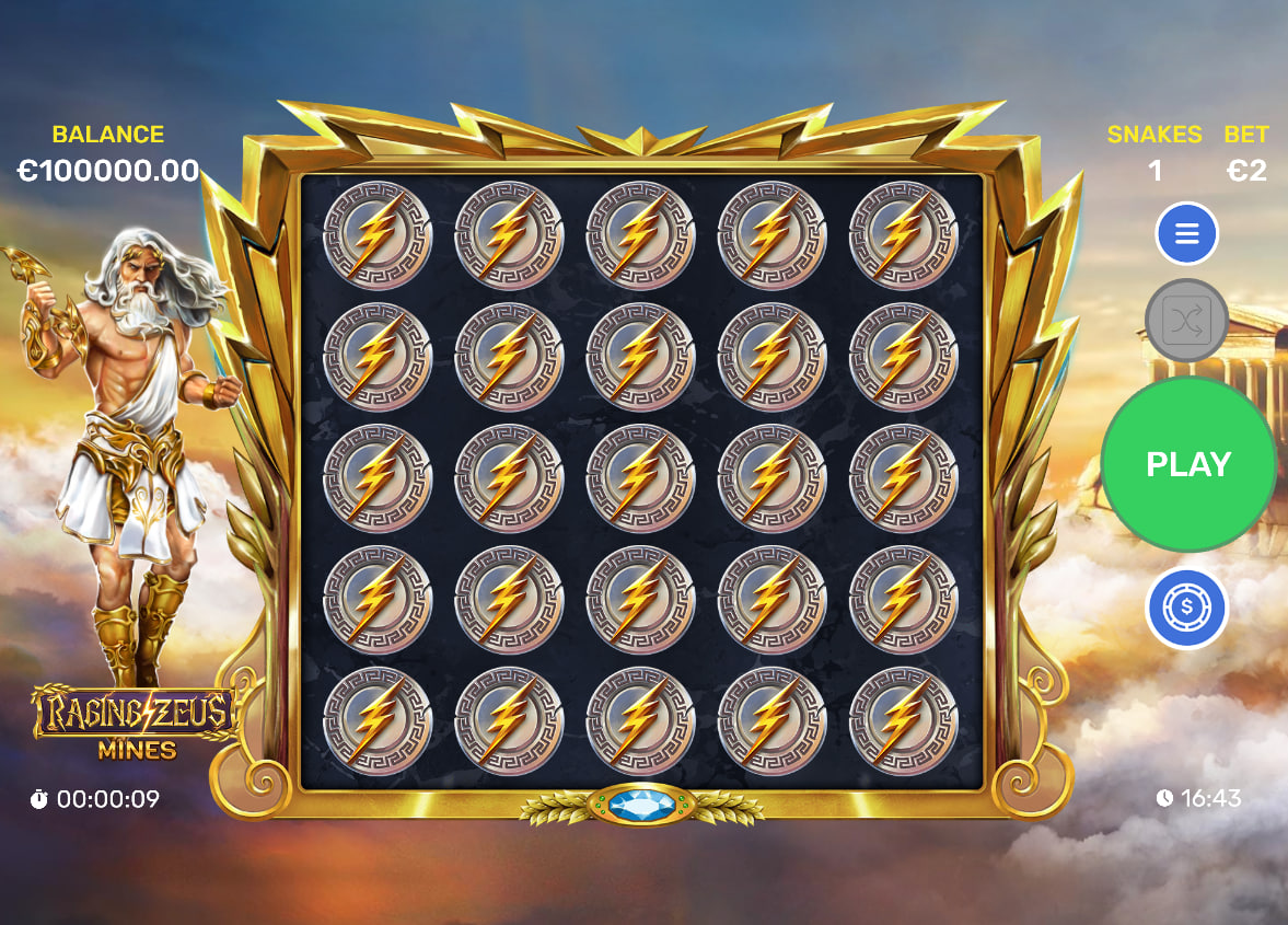 Raging Zeus Mines gameplay showing a 5x5 grid with revealed golden coins and a $2.10 cash out option for the player.