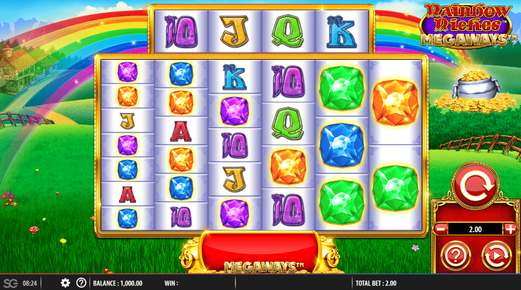 Six vertical reels and one horizontal reel of Rainbow Riches Megaways slot game showing gem symbols to help players understand the layout.