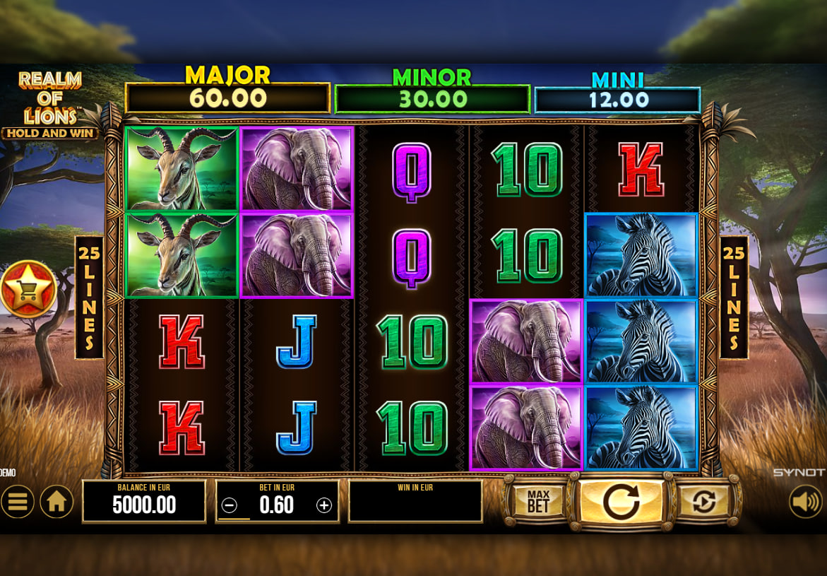Realm of Lions slot base game screen showing the 5x4 grid with elephant and hippo symbols to illustrate the African safari theme.