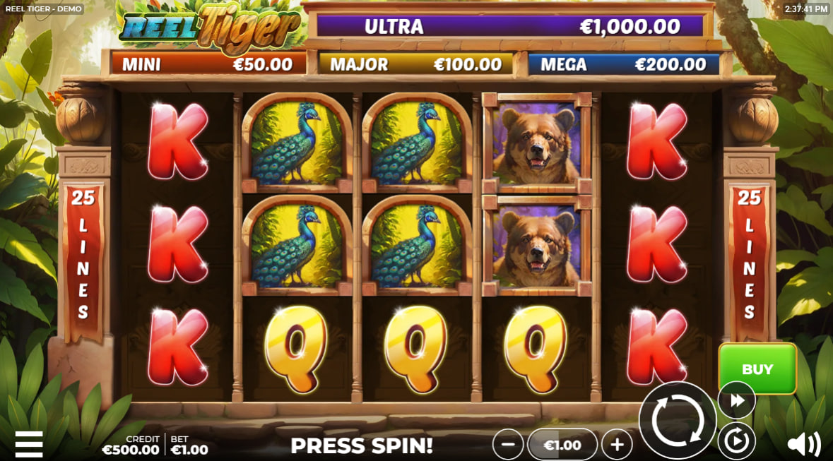 Main 5x3 grid of Reel Tiger slot displaying animal symbols on the 25 fixed paylines to show the basic interface layout.
