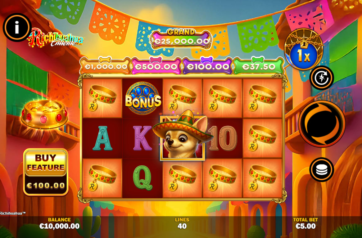 Richihuahua slot main interface showing 5x3 reels and 40 paylines in a luxury Mexican theme, providing the essential layout for standard play.