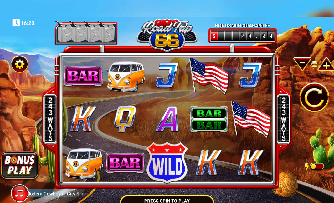 Road Trip 66 slot main grid with VW bus and American flag symbols on a desert highway background showing 243 ways to win.