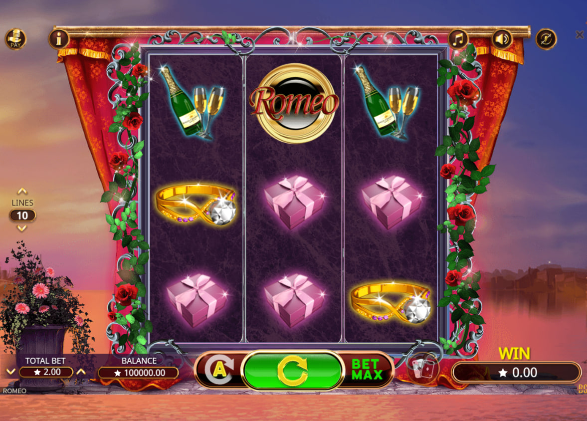 Romeo slot main interface showing champagne and diamond ring symbols on the reels to give players a clear view of the winning combinations.