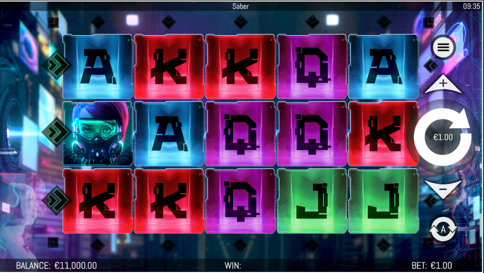 Saber slot base game interface displaying the initial five-by-three grid configuration with three active paylines at minimum bet.