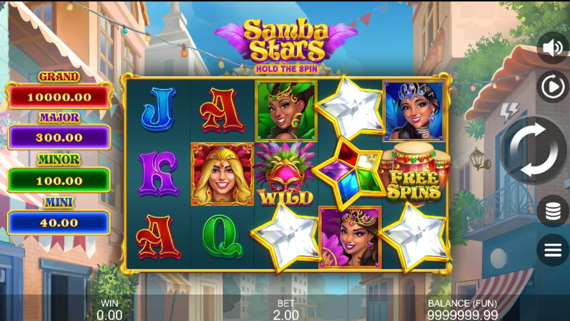 Main 5x3 reel grid layout of Samba Stars Hold the Spin slot displaying active carnival dancer symbols and fixed jackpot values on the left interface sidebar.