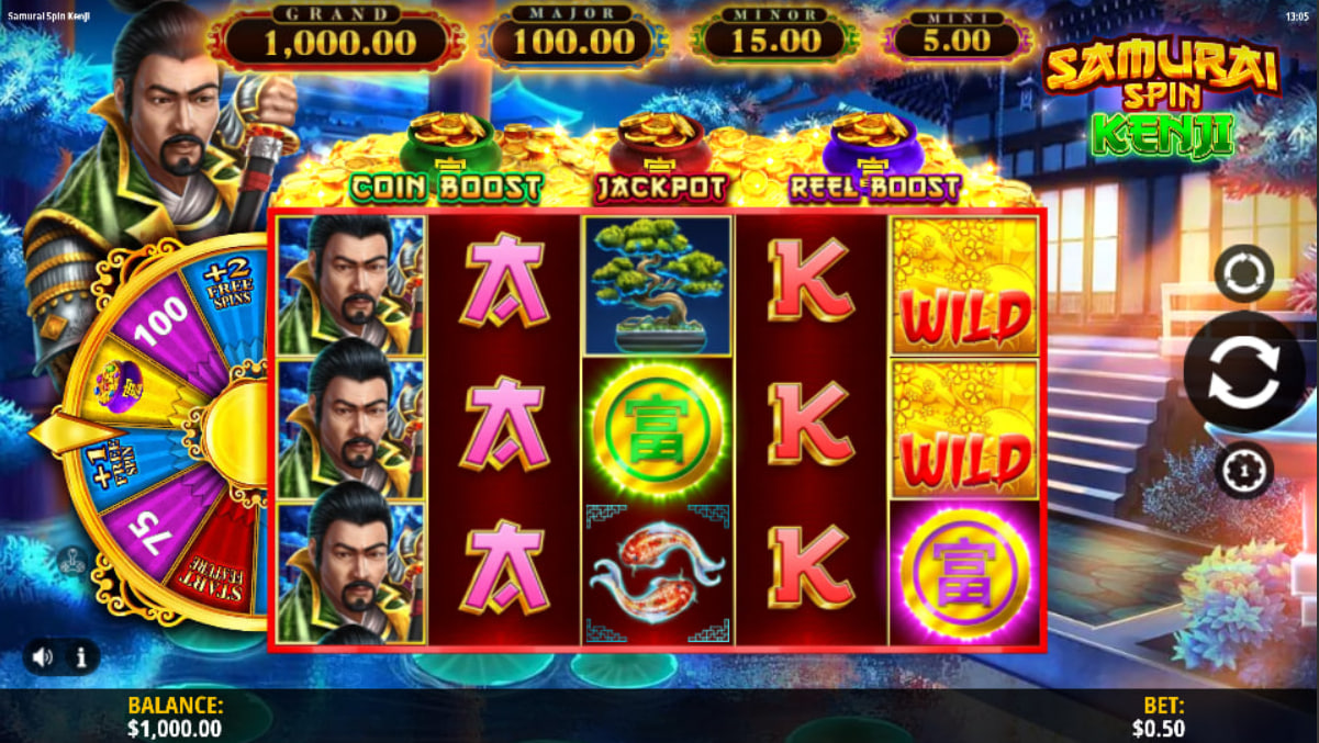 Main gameplay interface of Samurai Spin Kenji slot showing the five reels and the prize wheel matrix next to the character model.