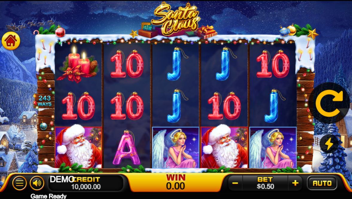 Main 5x4 slot grid layout of Santa Claus slot featuring festive card values and high-paying holiday premium icons during a standard base round.