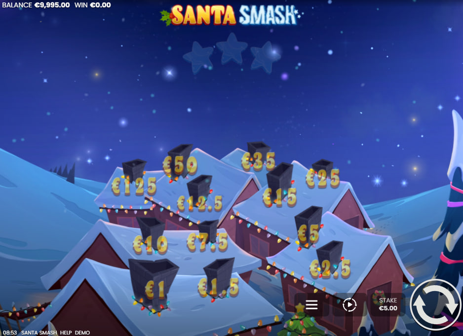 Santa Claus throwing a festive package towards the row of twelve chimneys in the Santa Smash base game interface for instant cash rewards.