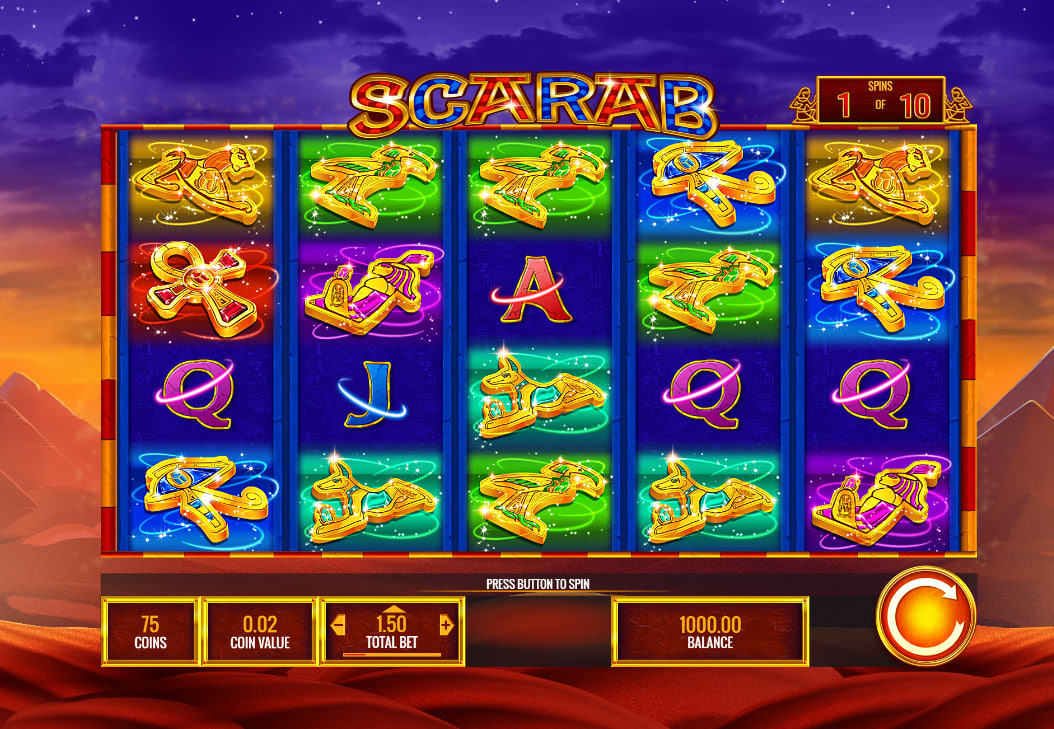 Scarab slot 5x4 base game grid displaying Egyptian symbols and the spin counter to track cycle progression.